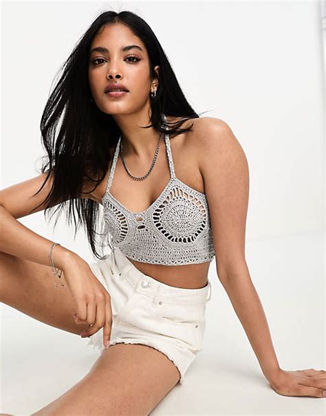 Asos Design Crochet Bralet In Metallic Yarn In Silver Asos