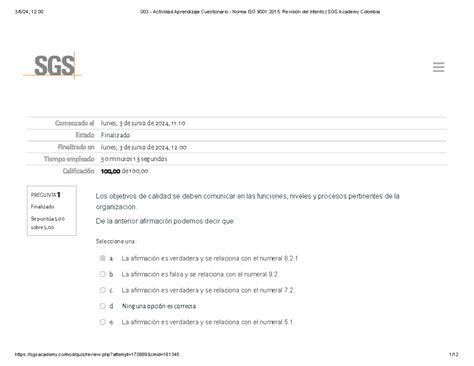 Prueba Gesti N De Calidad Sgs Pregunta Finalizado Se Punt A