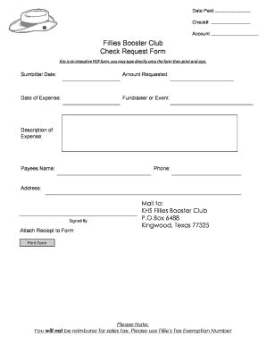 Fillable Online Fillies Booster Club Check Request Form Kingwood