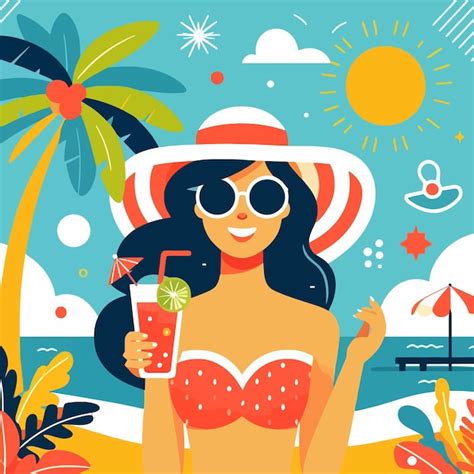 Une femme en bikini tient un verre et une scène tropicale Vecteur Premium