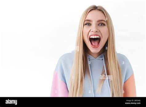 Close Up Portrait Of Enthusiastic Excited Blonde Girl Finally Attend Concert Of Her Favorite
