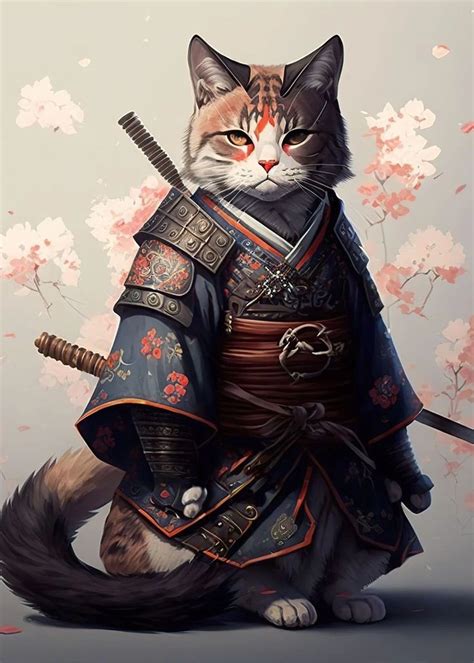 Samurai Cat Poster Picture Metal Print Paint By EPL Retro