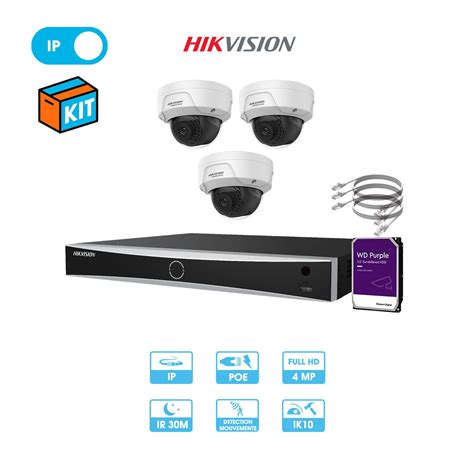 Kit vidéosurveillance 3 caméras dôme réseau Hikvision 4 MP IP PoE