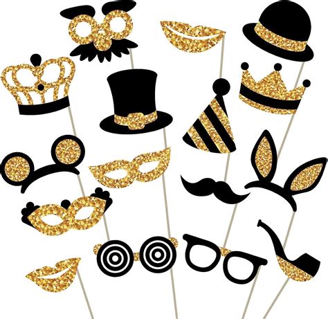 Gold Photo Booth Props Fully Assembled No Diy Required Mix Of Hats Lips Mustaches Crowns And