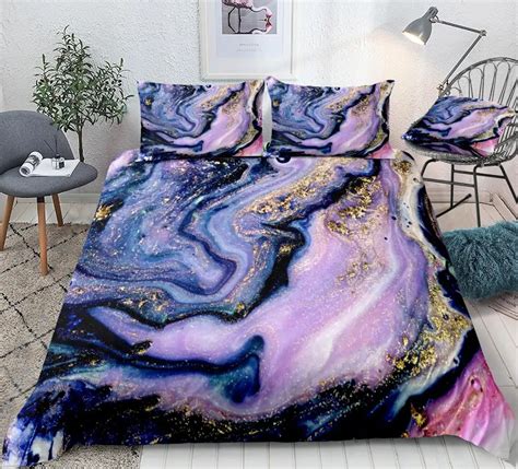 Marble Duvet Cover Set Purple Gold Luxury Marble Bedding Colorful Marble Abstract Art Quilt