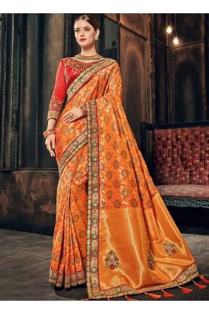 Buy Orange And Red Banarasi Pure Silk Wedding Wear Saree In UK USA And