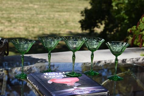 Vintage Green Etched Crystal Uranium Cocktail Glasses Fostoria