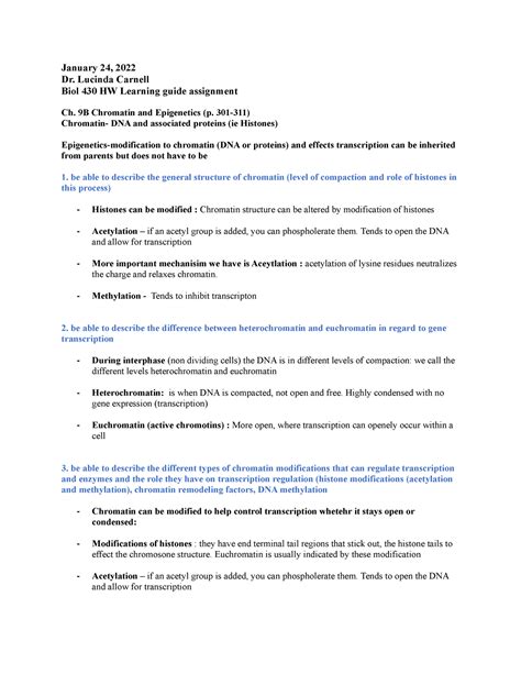 Biol 430 HW Learning Guide Assignment January 24 2022 Dr Lucinda