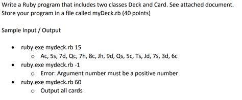 Write A Ruby Program That Includes Two Classes Deck Chegg