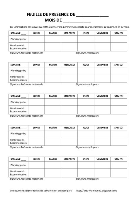 feuille de présence mensuelle lun au sam par Nathalie Fichier PDF