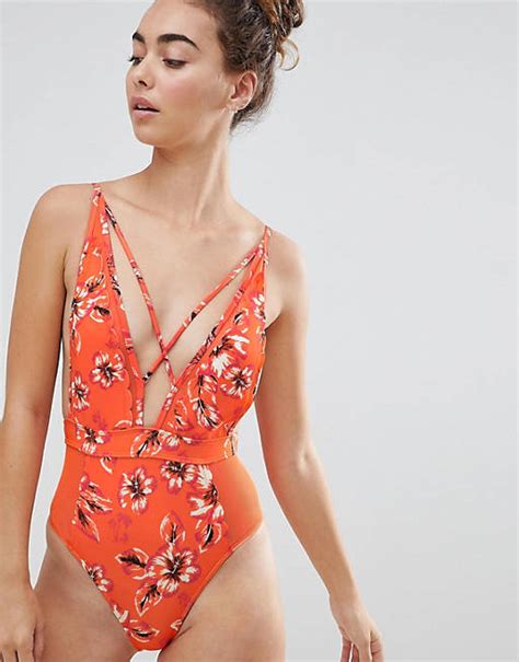 River Island Floral Print Lattice Plunge Swimsuit Asos