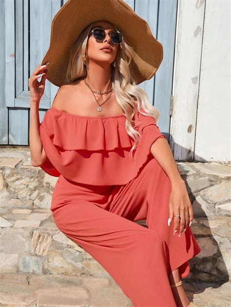 Off Shoulder Ruffle Trim Wide Leg Jumpsuit Comfy Jumpsuits