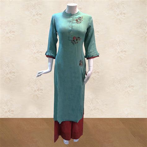 Jazzy Sky Blue Colored Partywear Embroidered Cotton Kurti Palazzo Set