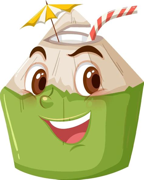 Cute Coconut Cartoon Character With Happy Face Expression On White