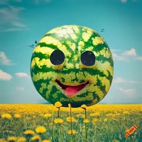 A Giant Watermelon With An Happy Face Overlooking A Field Of Dandelions