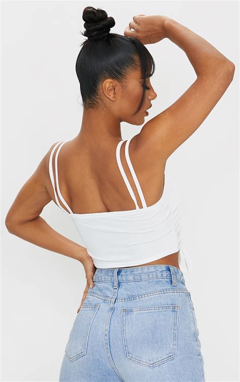 White Slinky Ruched Detail Strappy Crop Top Prettylittlething Usa