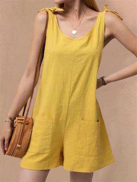 Pockets Sleeveless Casual Linen Romper Rompers Solid Color Jumpsuits Linen Romper