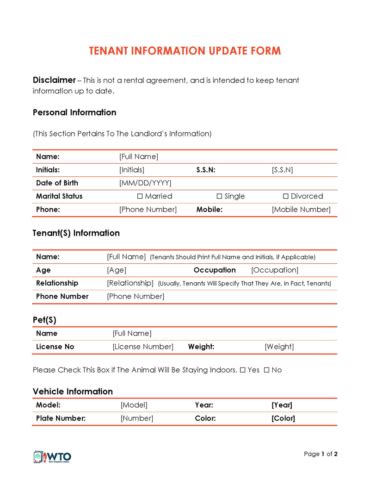 Free Tenant Information Update Forms Editable