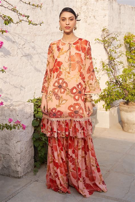 Buy Peach Tunic Georgette Print Floral Round Neck Bloom With Sharara