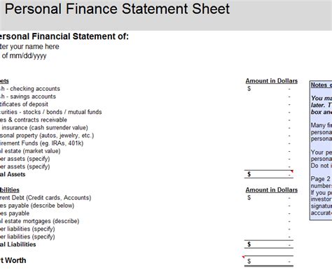 Personal Finance Statement Sheet » Template Haven