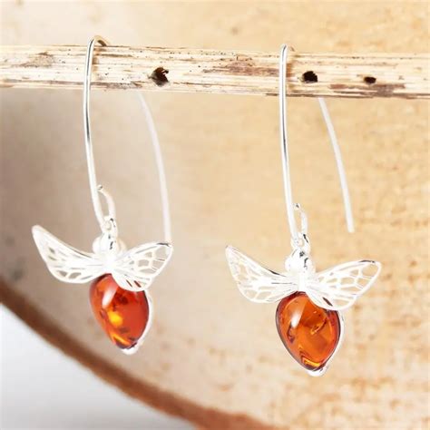 Long Sterling Silver Honey Bee Amber Drop Earrings