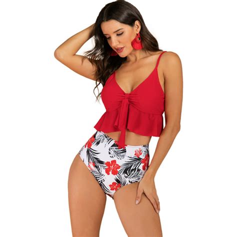 High Waisted Floral Ruffled Top Bikini Set