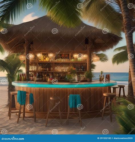 A Tropical Beach Bar With Surfboards Coconuts And Tropical Fruit