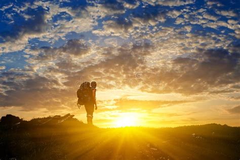 Hiker Silhouette at the Sunset Stock Image - Image of landscape, clouds ...