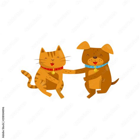 Funny smiling dog and cat holding hands, cute domestic pet animals ...