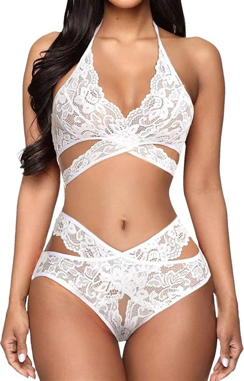 Amazon Sexy Cute Strappy Embroidered Mesh Sheer Lingerie Set Bow Knot Cut Out Halter Bra