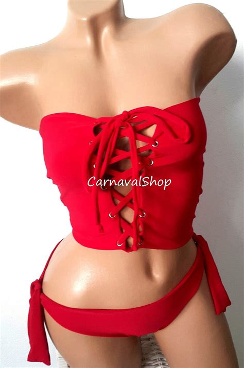 Red Lace Up Bikini Set Etsy