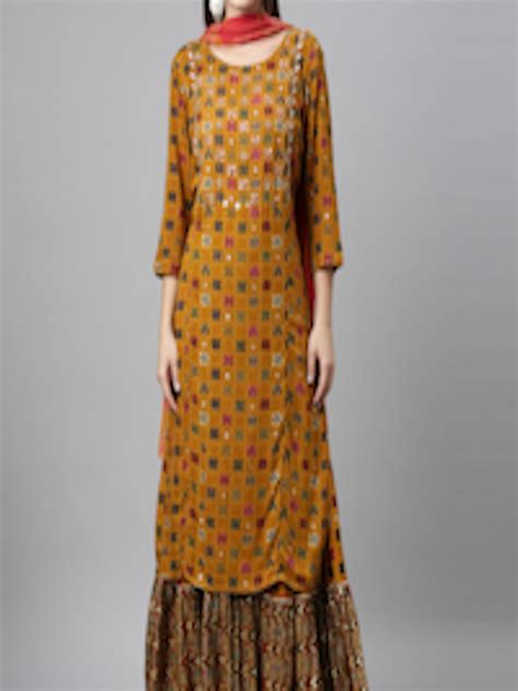 Buy Neerus Women Mustard Yellow Ethnic Motifs Printed Straight Kurta