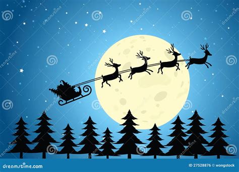 Santa And Reindeer Flying Through The Night Sky Stock Vector Illustration Of Trees Santa