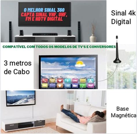 Antena Tv Digital Amplificada Interna Externa Prova Agua Cabo 3m Uhf