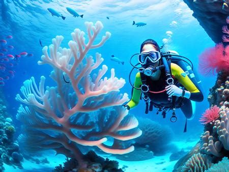 A Woman Scubas In The Ocean With Corals And Fish Image Design ID