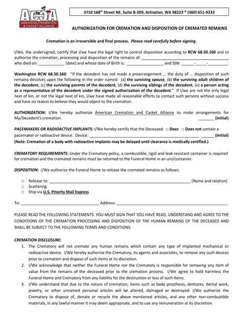 Fillable Online Authorization For Cremation And Disposition Of Cremated