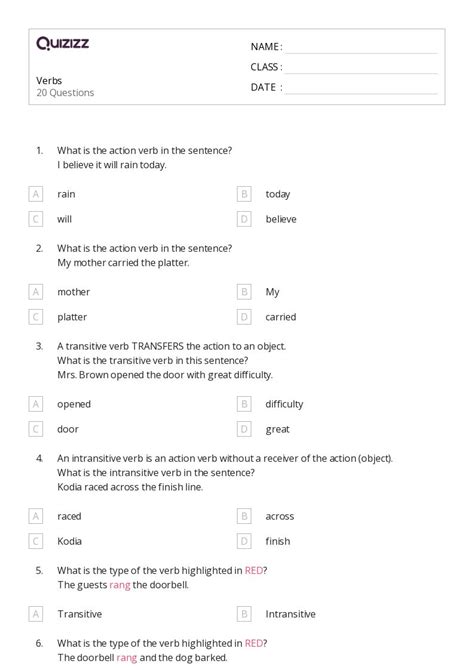 50 Verbs Worksheets For 6th Grade On Quizizz Free And Printable