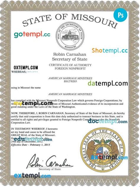 Usa Missouri Marriage Certificate Template In Psd Format By Doctempl