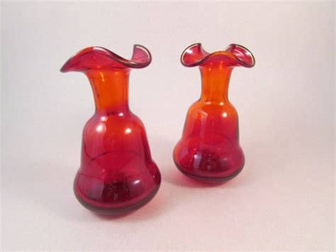 Items Similar To Vintage Hand Blown Ruby Red Glass Vases Set Of Two Freeform Scalloped Wavy Edge