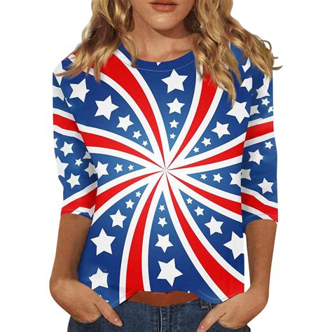 Tqwqt 4th Of July Womens American Flag Shirt 34 Sleeve Usa Flag Top Red White Blue Graphic Tops