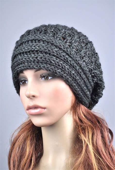 Hand Knit Hat Woman Man Unisex Wool Hat Slouchy Charcoal Dark Grey Hat