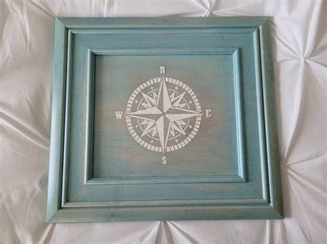 Handpainted Compass Rose Wood Wall Art Stained Vintage Teal Etsy