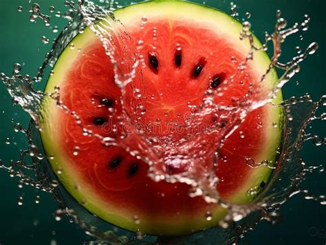 Watermelon Wedge Between Splashes Of Water Vibrant Color Background