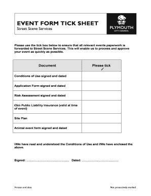 Fillable Online Plymouth Gov EVENT FORM TICK SHEET Plymouth Gov Fax