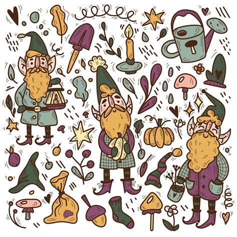 Garden Gnomes Doodle Set Illustration Cute Gnomes With Beard Funny