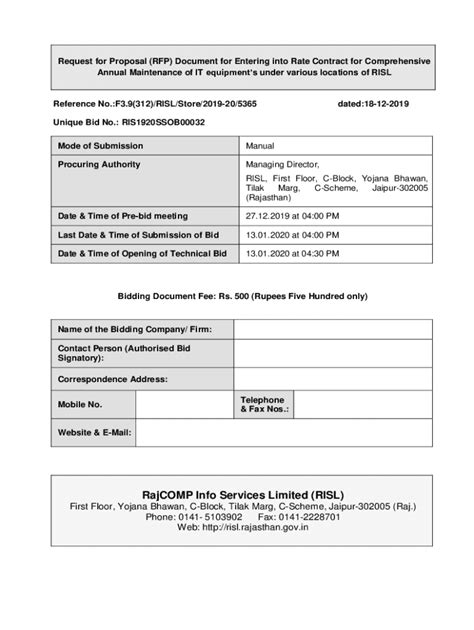 Fillable Online Risl Rajasthan Gov DOIT C Tenders Fax Email Print