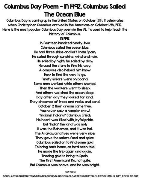 In 1492 Columbus Sailed The Ocean Blue Poem Christopher Columbus Poem