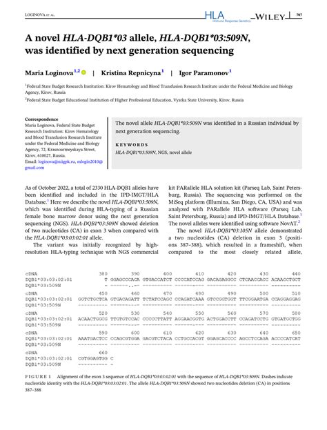 A Novel Hla Dqb1 03 Allele Hla Dqb1 03 509n Was Identified By Next Generation Sequencing