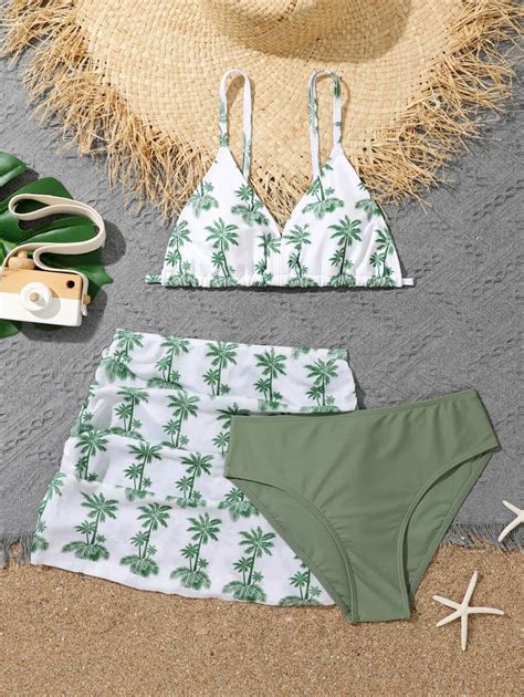 SHEIN Teen Girls Palm Tree Print Bikini Set With Beach Skirt Summer