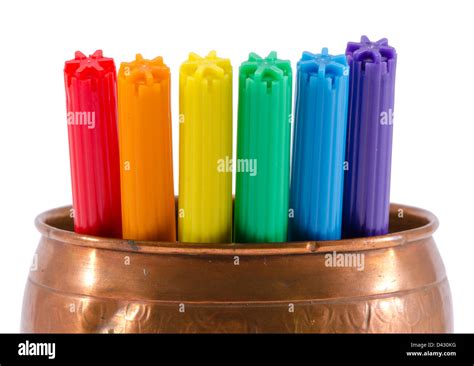 Closeup Of Gay Color Felt Tip Pens In Copper Bowl Isolated On White Background Stock Photo Alamy